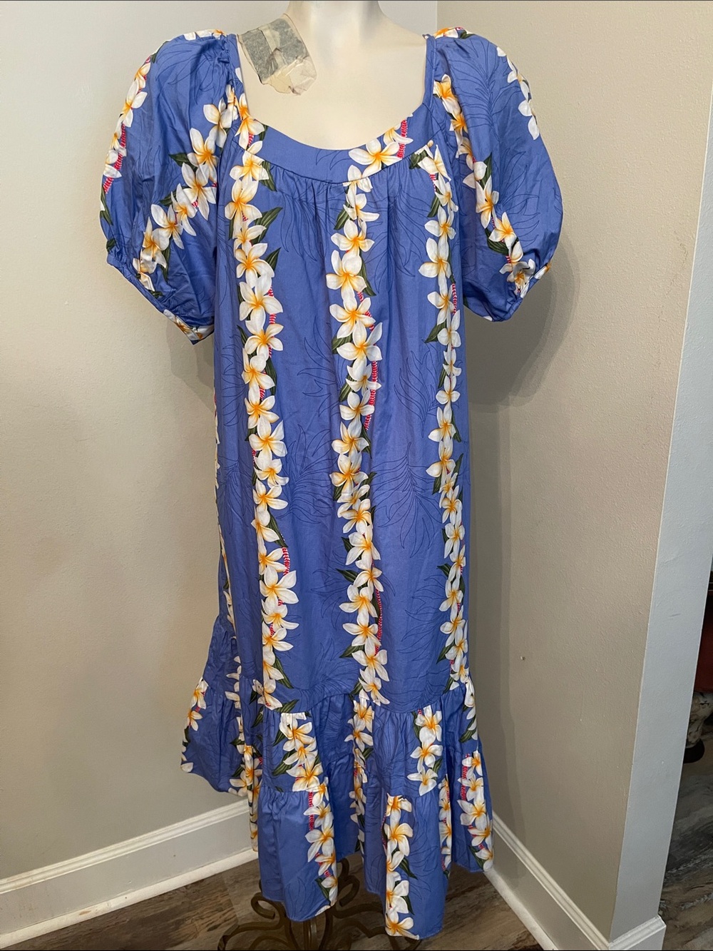Blue Floral Midi Dress with Puff Sleeves and Ruffle Hem